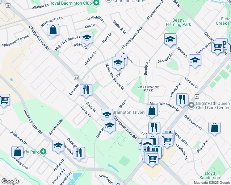 map of restaurants, bars, coffee shops, grocery stores, and more near 48 Saint Georges Place in Brampton