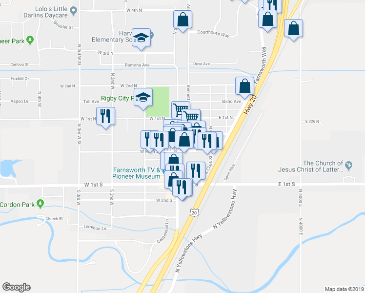 map of restaurants, bars, coffee shops, grocery stores, and more near in Rigby