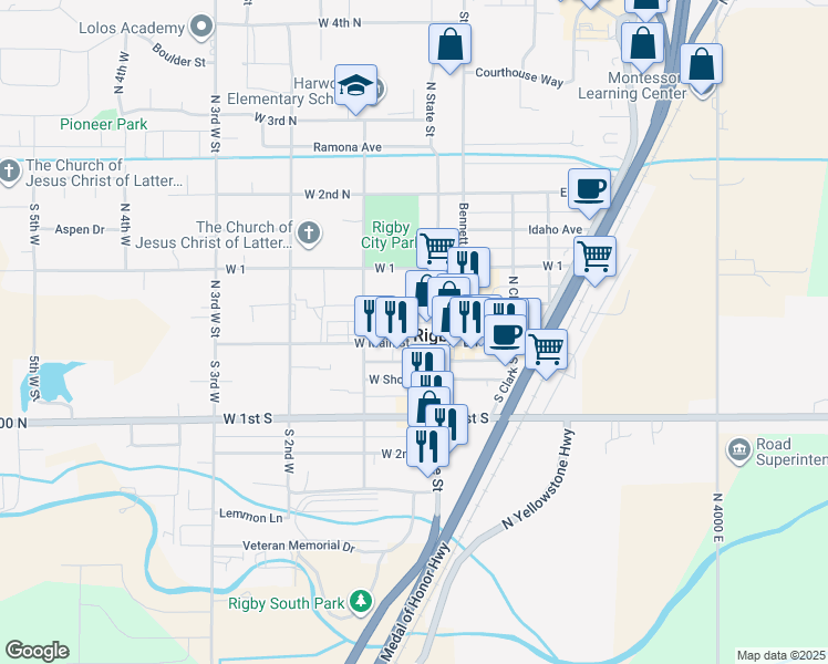 map of restaurants, bars, coffee shops, grocery stores, and more near 158 West Main Street in Rigby