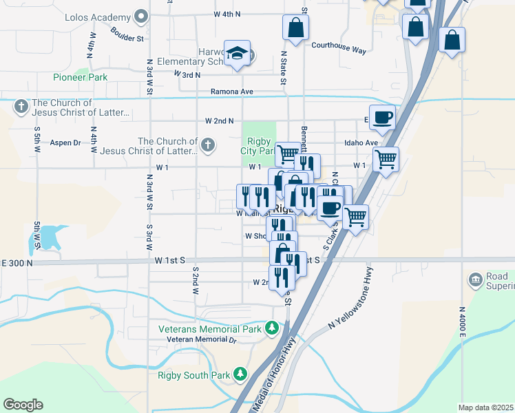 map of restaurants, bars, coffee shops, grocery stores, and more near 158 West Main Street in Rigby