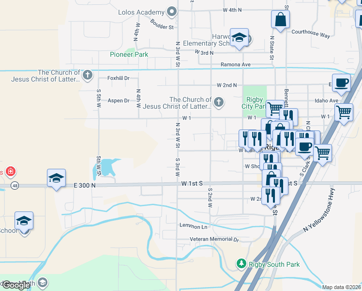 map of restaurants, bars, coffee shops, grocery stores, and more near 374 West Main Street in Rigby