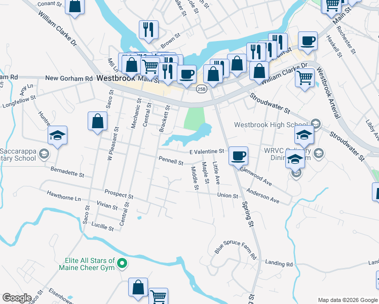 map of restaurants, bars, coffee shops, grocery stores, and more near 71 East Valentine Street in Westbrook