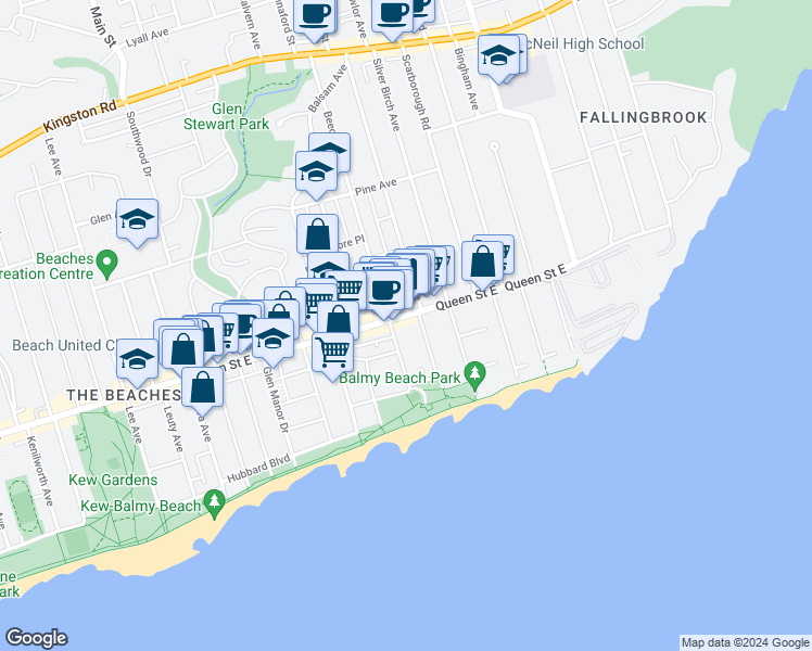 map of restaurants, bars, coffee shops, grocery stores, and more near in Toronto