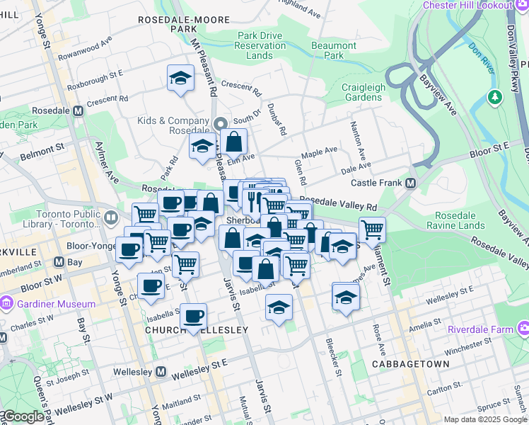 map of restaurants, bars, coffee shops, grocery stores, and more near in Toronto