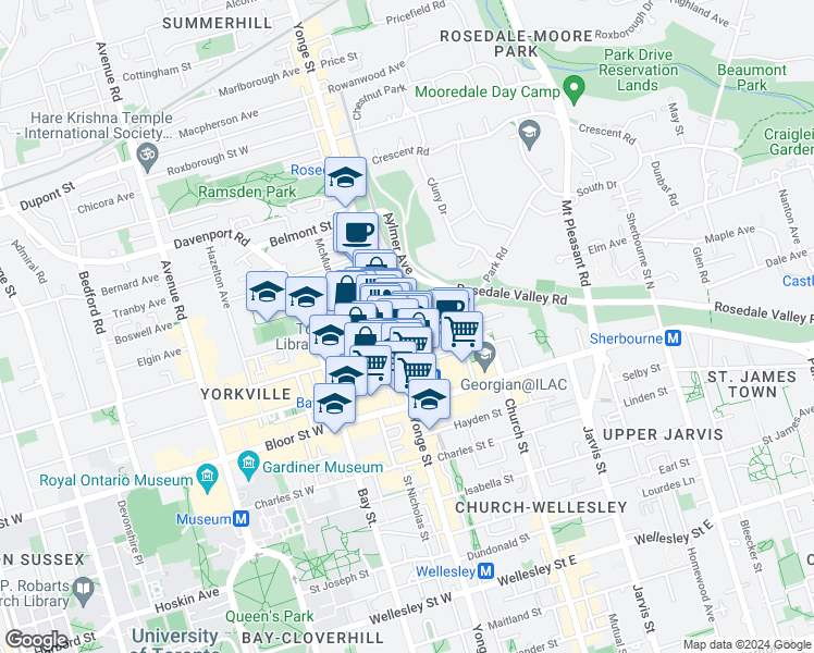 map of restaurants, bars, coffee shops, grocery stores, and more near 1A Yorkville Avenue in Toronto