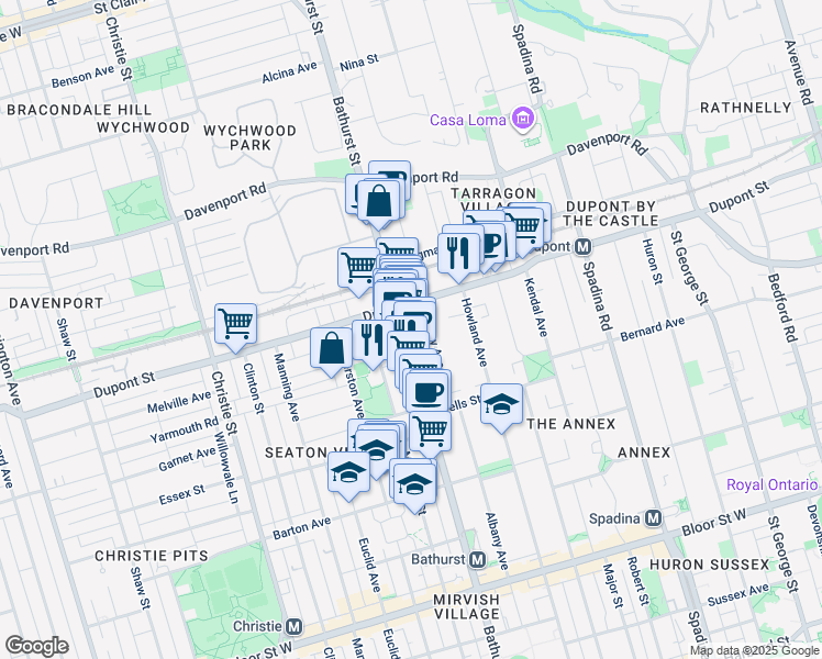 map of restaurants, bars, coffee shops, grocery stores, and more near 1050 Bathurst Street in Toronto