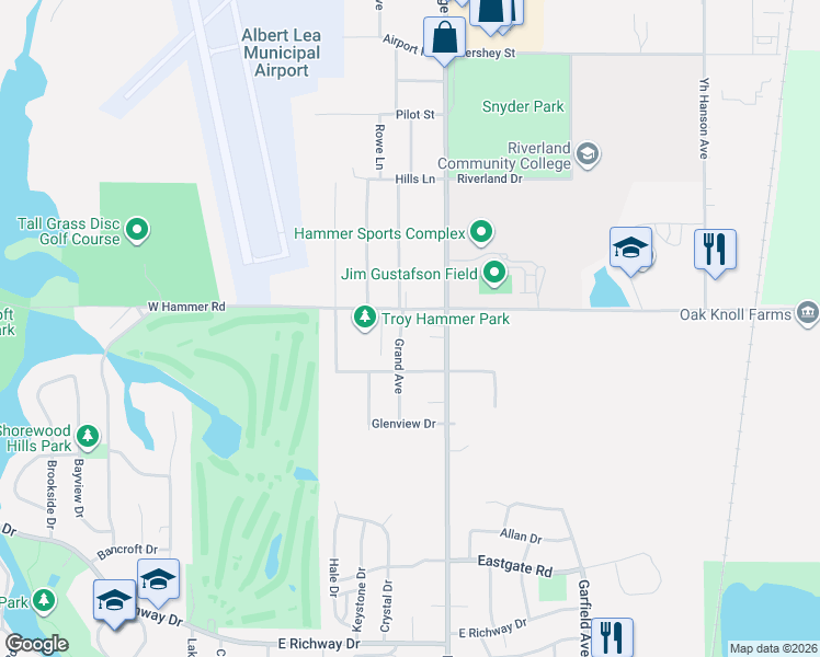 map of restaurants, bars, coffee shops, grocery stores, and more near 2022 Grand Avenue in Albert Lea