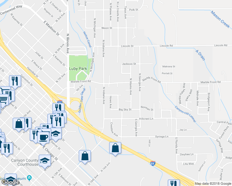 map of restaurants, bars, coffee shops, grocery stores, and more near 2221 Pleasanton Street in Caldwell