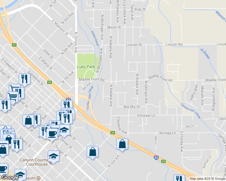 map of restaurants, bars, coffee shops, grocery stores, and more near 304 North Indiana Avenue in Caldwell