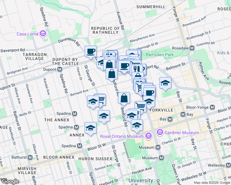 map of restaurants, bars, coffee shops, grocery stores, and more near 120 Bedford Road in Toronto