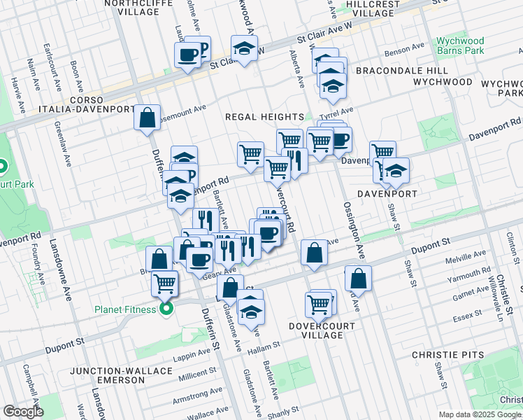 map of restaurants, bars, coffee shops, grocery stores, and more near 406 Westmoreland Avenue North in Toronto