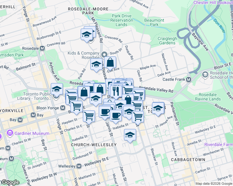map of restaurants, bars, coffee shops, grocery stores, and more near 360 Bloor Street East in Toronto