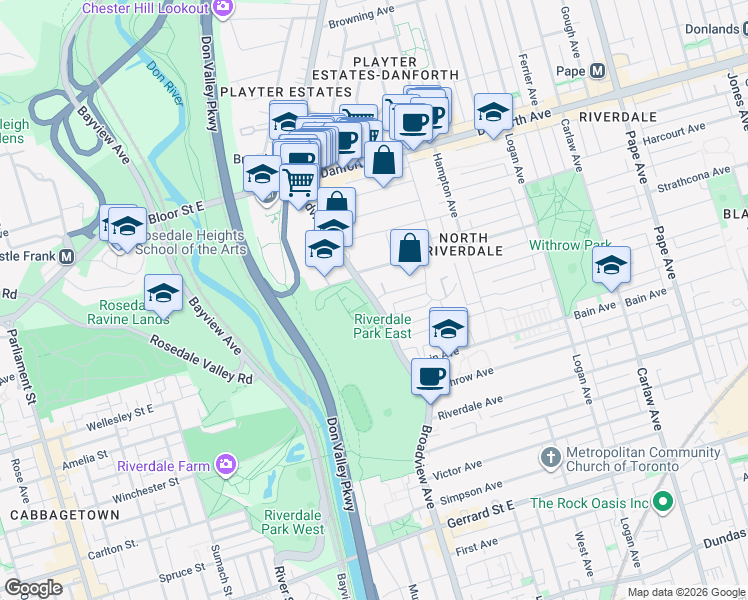 map of restaurants, bars, coffee shops, grocery stores, and more near Broadview Ave & Tennis Crescent in Toronto