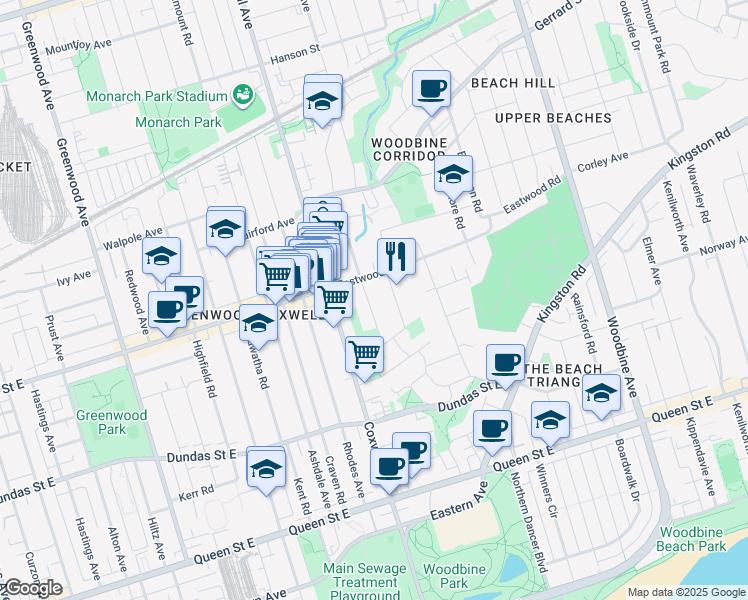 map of restaurants, bars, coffee shops, grocery stores, and more near 69 Gainsborough Road in Toronto