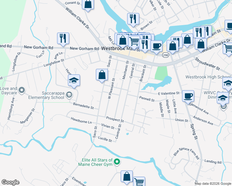 map of restaurants, bars, coffee shops, grocery stores, and more near 35 Green Street in Westbrook