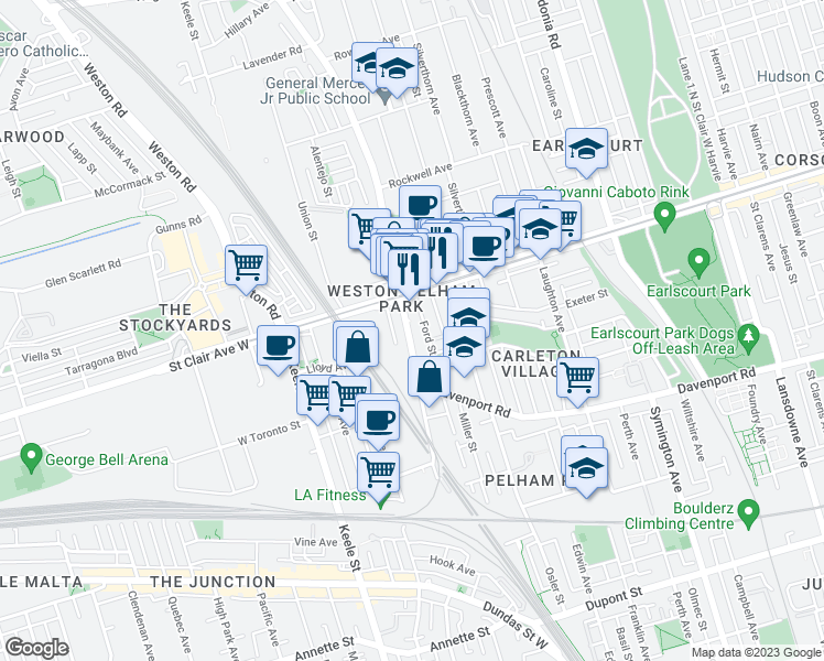map of restaurants, bars, coffee shops, grocery stores, and more near 307 Old Weston Road in Toronto