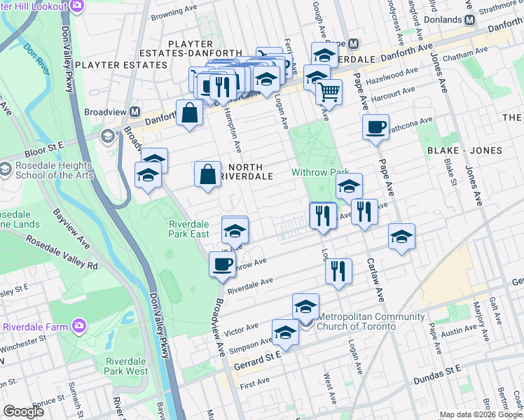 map of restaurants, bars, coffee shops, grocery stores, and more near 15 Albemarle Avenue in Toronto