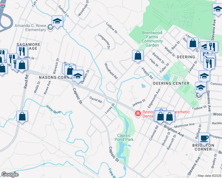 map of restaurants, bars, coffee shops, grocery stores, and more near 39 Alden Circle in Portland
