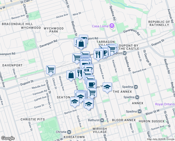map of restaurants, bars, coffee shops, grocery stores, and more near 1077 Bathurst Street in Toronto