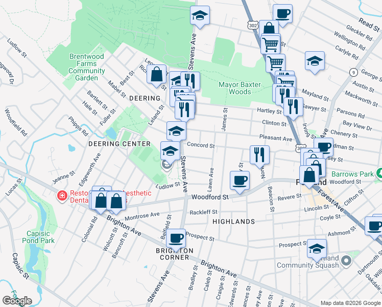 map of restaurants, bars, coffee shops, grocery stores, and more near 37 Tremont Street in Portland