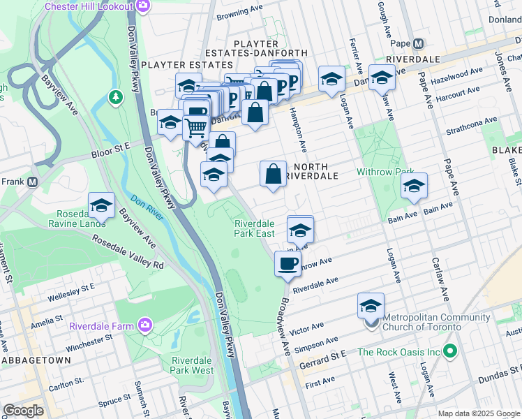 map of restaurants, bars, coffee shops, grocery stores, and more near 9 Tennis Crescent in Toronto