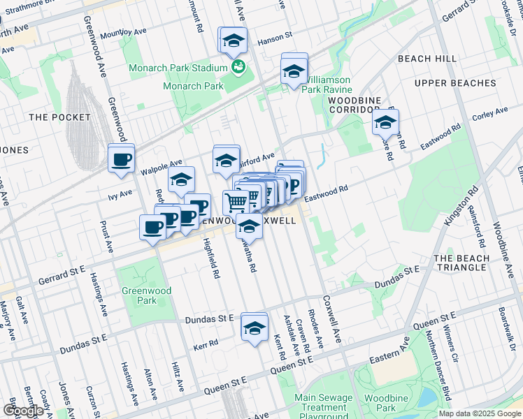 map of restaurants, bars, coffee shops, grocery stores, and more near in Toronto