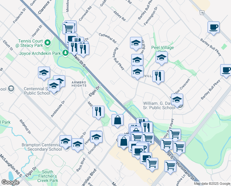 map of restaurants, bars, coffee shops, grocery stores, and more near 1 Pine Ridge Lane in Brampton