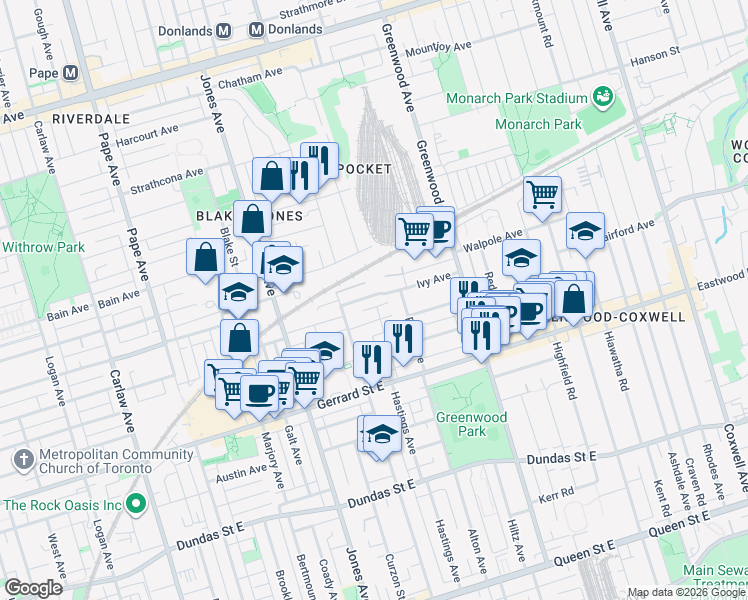 map of restaurants, bars, coffee shops, grocery stores, and more near 23 Ivy Avenue in Toronto
