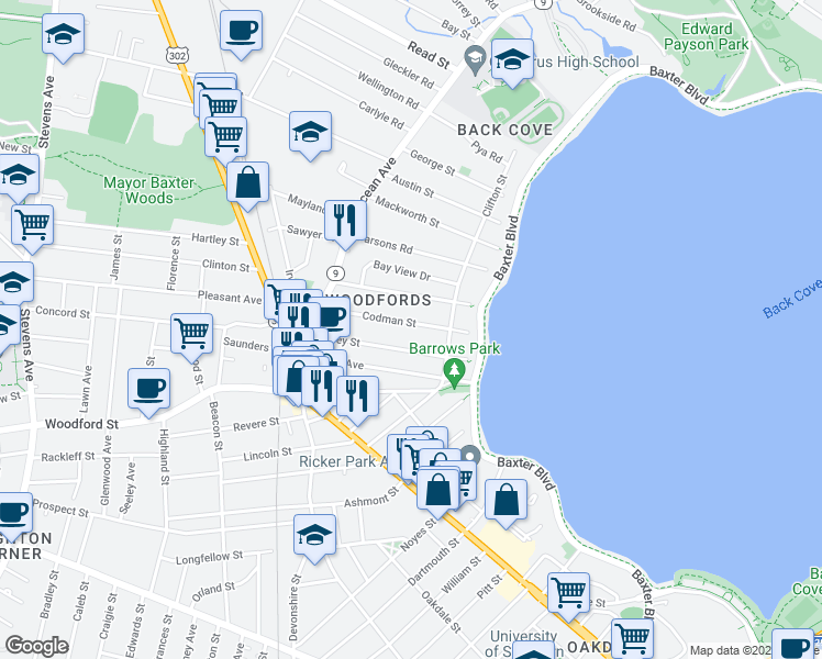 map of restaurants, bars, coffee shops, grocery stores, and more near 75 Codman Street in Portland