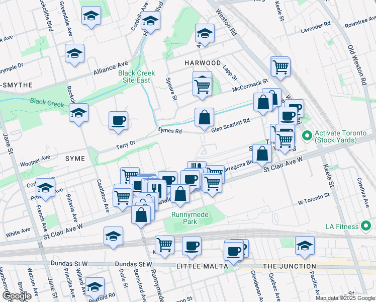 map of restaurants, bars, coffee shops, grocery stores, and more near 100 Symes Road in Toronto