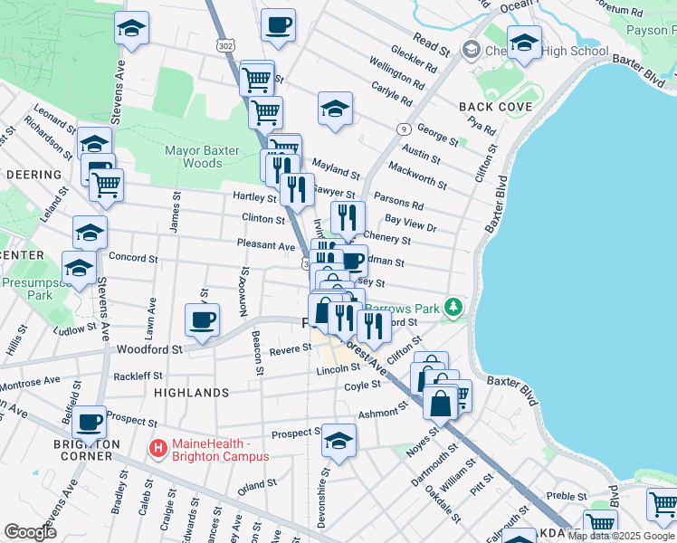 map of restaurants, bars, coffee shops, grocery stores, and more near 9 Ocean Avenue in Portland