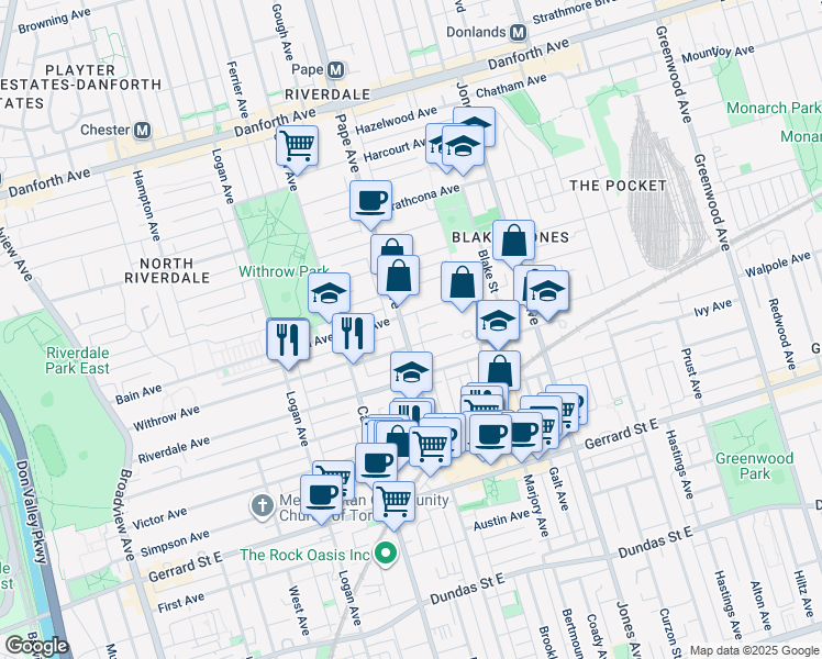 map of restaurants, bars, coffee shops, grocery stores, and more near 481 Pape Avenue in Toronto