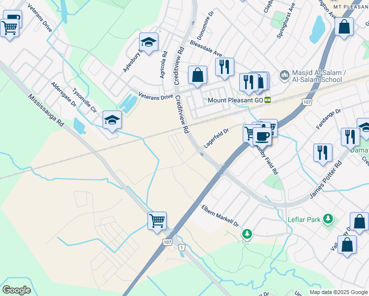 map of restaurants, bars, coffee shops, grocery stores, and more near 272 Lagerfeld Drive in Brampton