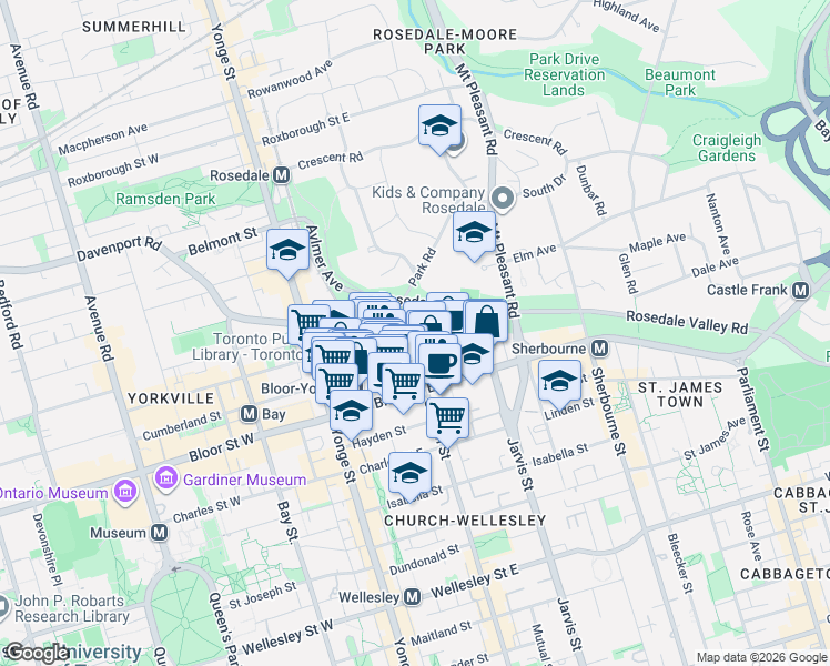 map of restaurants, bars, coffee shops, grocery stores, and more near 153 Collier Street in Toronto