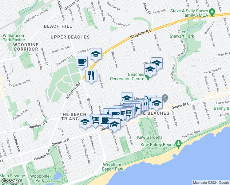 map of restaurants, bars, coffee shops, grocery stores, and more near 209 Kenilworth Avenue in Toronto