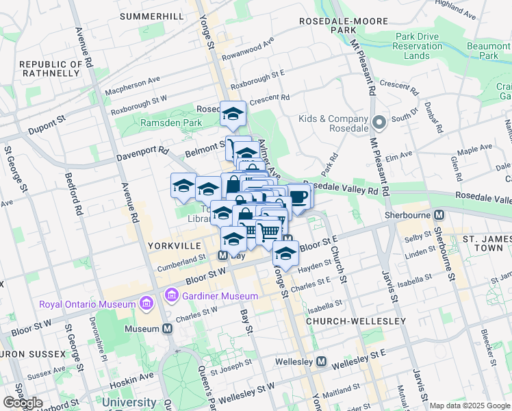 map of restaurants, bars, coffee shops, grocery stores, and more near 878 Yonge Street in Toronto