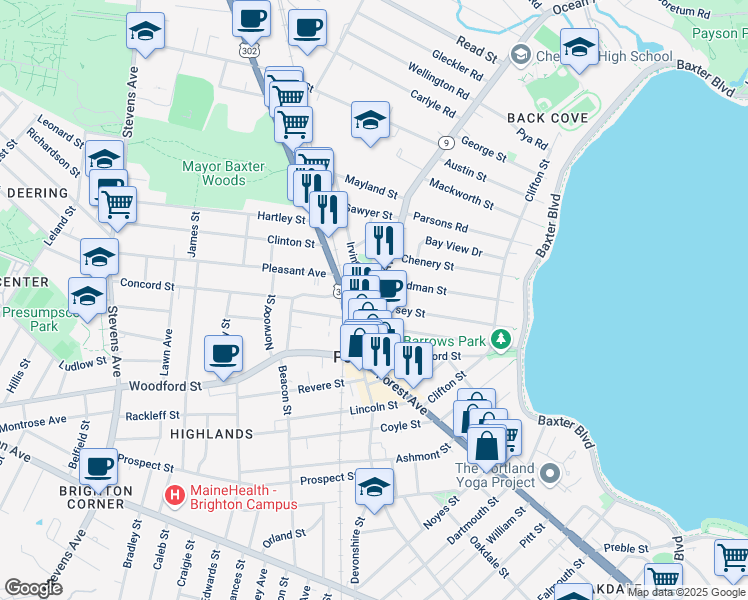 map of restaurants, bars, coffee shops, grocery stores, and more near 9 Ocean Avenue in Portland