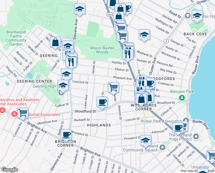 map of restaurants, bars, coffee shops, grocery stores, and more near 65 Berkeley Street in Portland