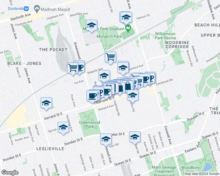 map of restaurants, bars, coffee shops, grocery stores, and more near in Toronto