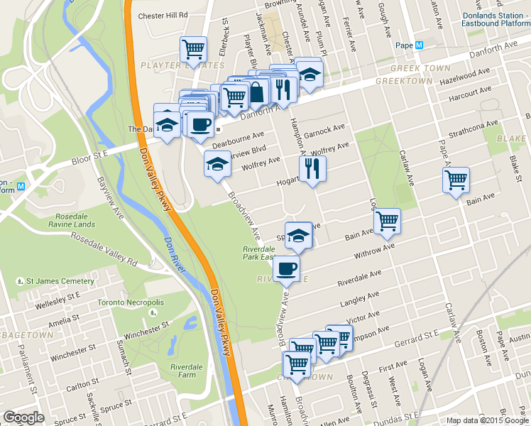 map of restaurants, bars, coffee shops, grocery stores, and more near in Toronto