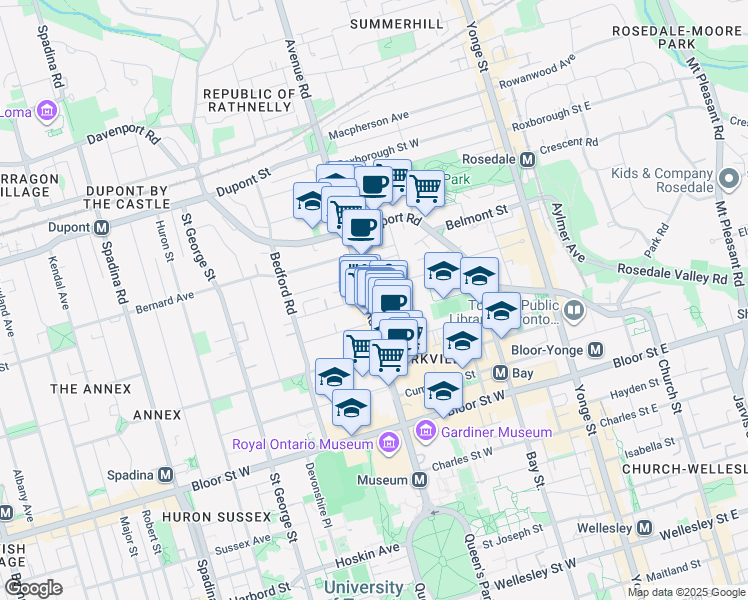 map of restaurants, bars, coffee shops, grocery stores, and more near 89 Avenue Road in Toronto