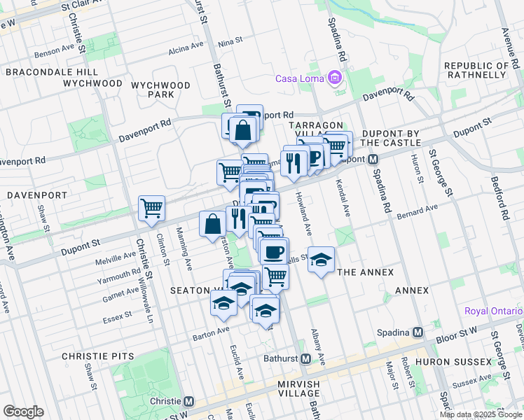 map of restaurants, bars, coffee shops, grocery stores, and more near 1050 Bathurst Street in Toronto