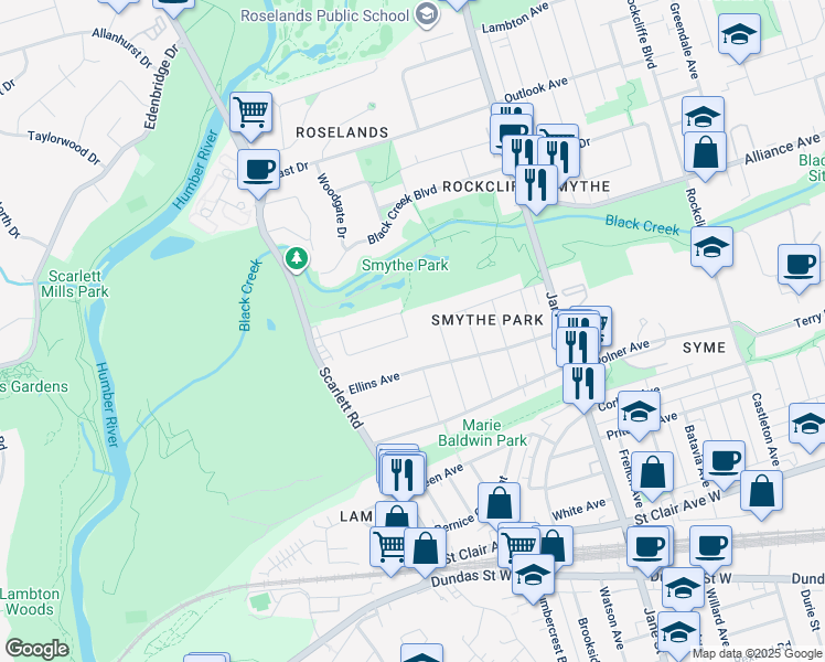 map of restaurants, bars, coffee shops, grocery stores, and more near 70 Edinborough Court in Toronto