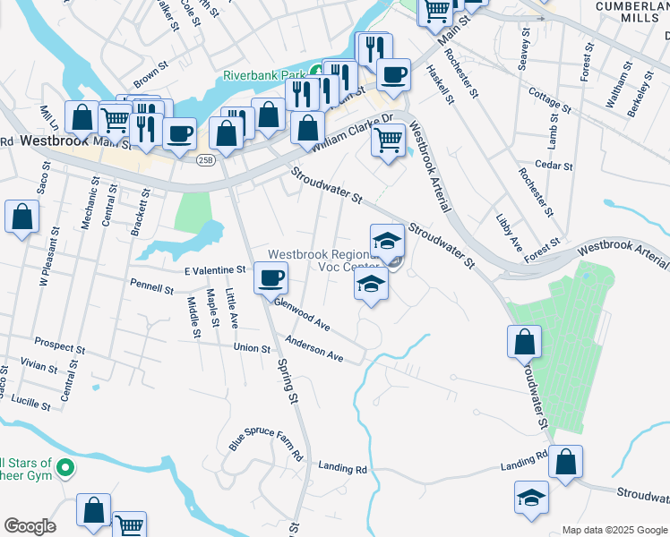 map of restaurants, bars, coffee shops, grocery stores, and more near 62 Oakland Avenue in Westbrook