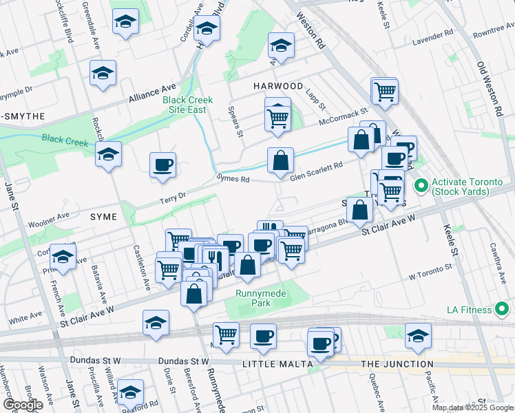 map of restaurants, bars, coffee shops, grocery stores, and more near in Toronto