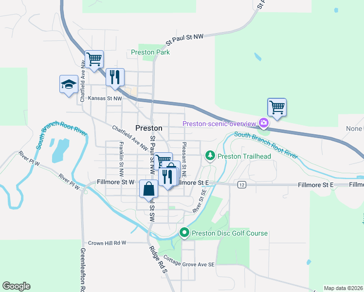 map of restaurants, bars, coffee shops, grocery stores, and more near 201 North Saint Northeast in Preston