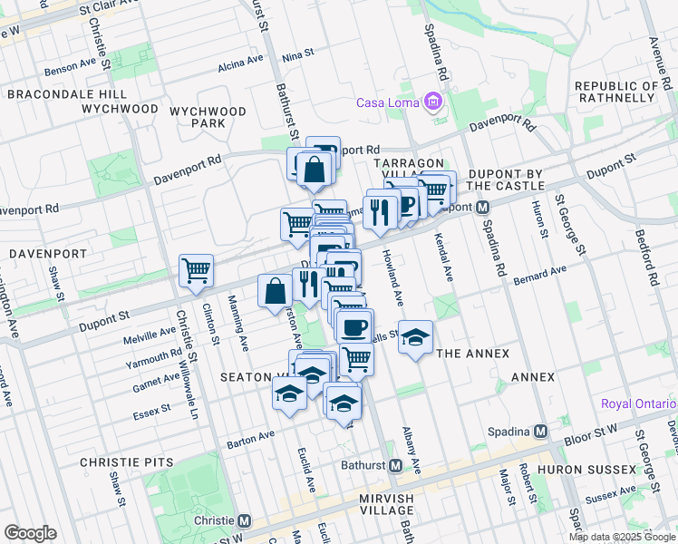map of restaurants, bars, coffee shops, grocery stores, and more near 1050 Bathurst Street in Toronto