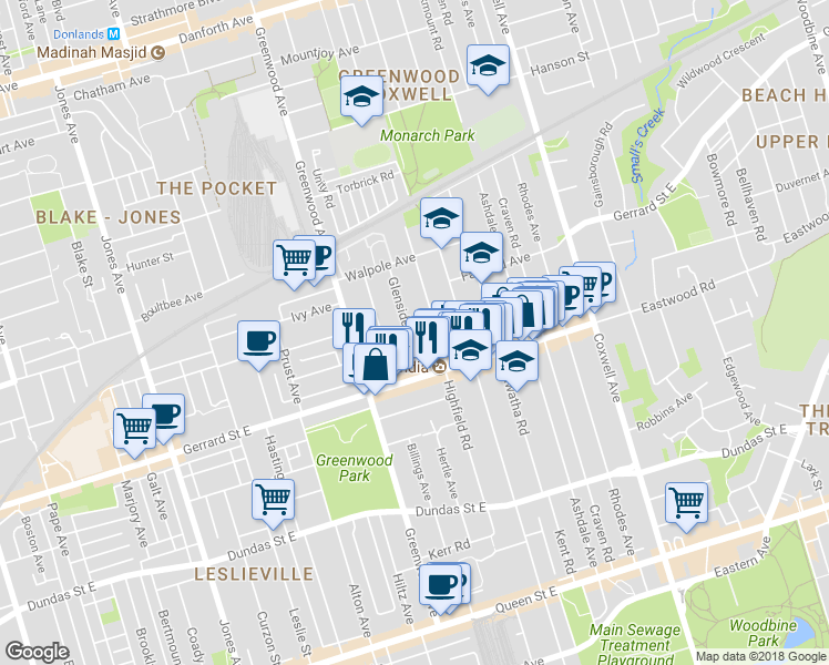 map of restaurants, bars, coffee shops, grocery stores, and more near 35 Glenside Avenue in Toronto