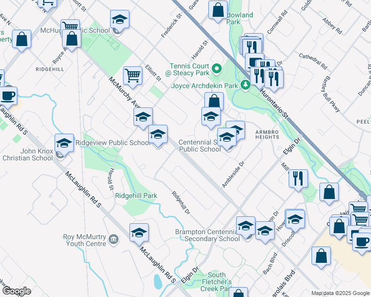 map of restaurants, bars, coffee shops, grocery stores, and more near 152 McMurchy Avenue South in Brampton