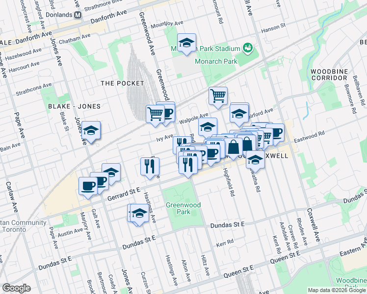 map of restaurants, bars, coffee shops, grocery stores, and more near 307 Greenwood Avenue in Toronto